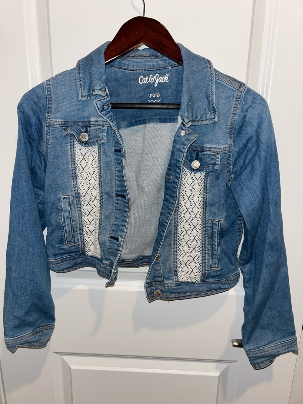 Girls 10/12 Cat & Jack Light Blue Denim Jacket with White Lace Insets